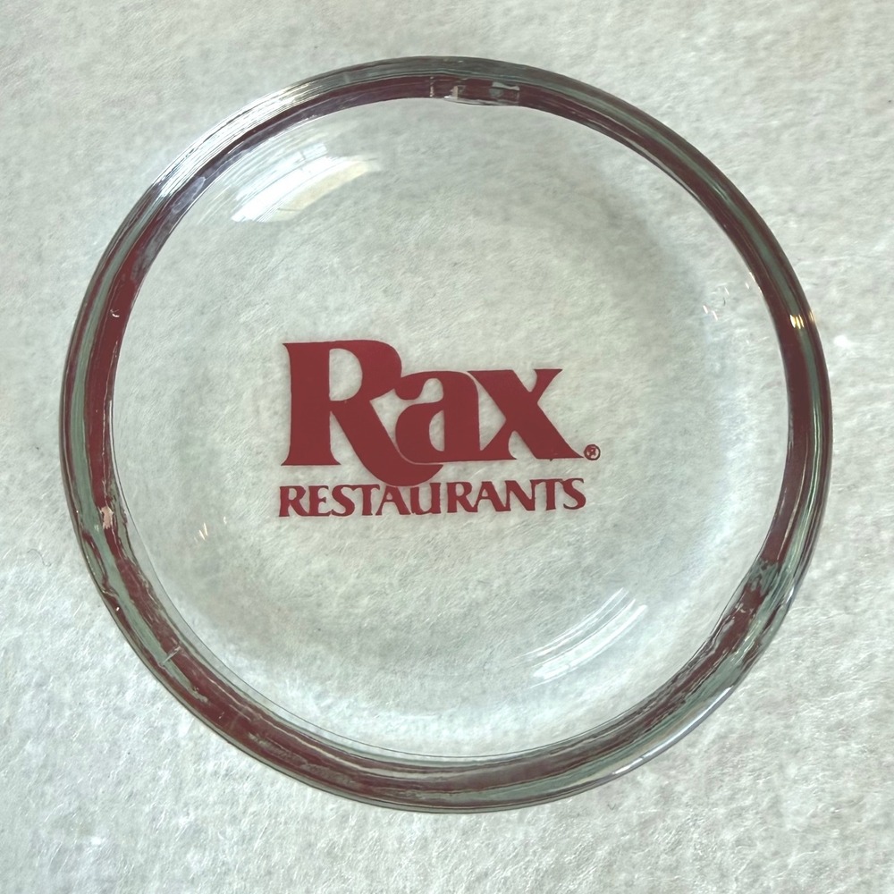 Rax Restaurants Glass Ashtray Vintage 3.5 Inch Clear Red Logo Advertising
